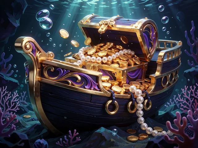 Okładka slotu bonus buy: zatopiony statek na dnie morza i otwarta skrzynia pełna złotych monet oraz pereł