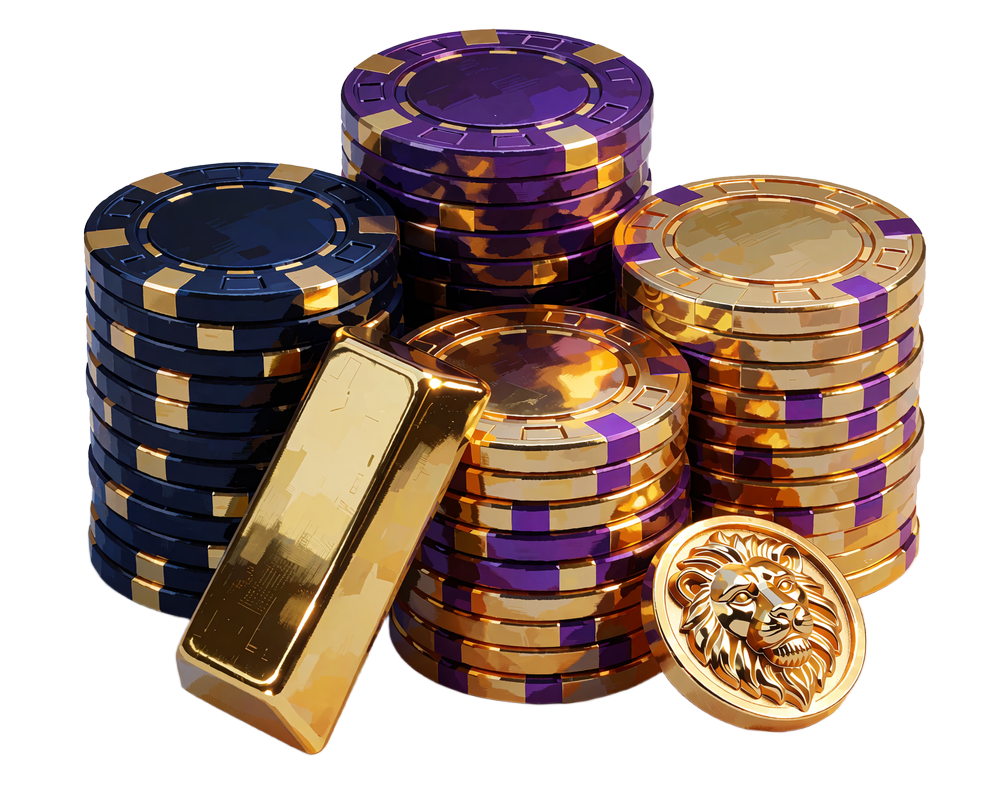 Trzy stosy żeton&oacute;w w kolorach granatu, fioletu i złota ze złotą sztabką i medalionem z lwem - bonus High Roller