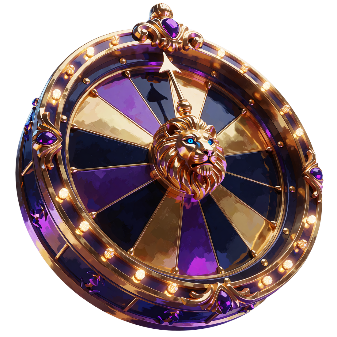 Koło fortuny w złotej ramie z lwią głową w centrum i fioletowo-granatowymi polami - Wheel of Fortune w Goldbet